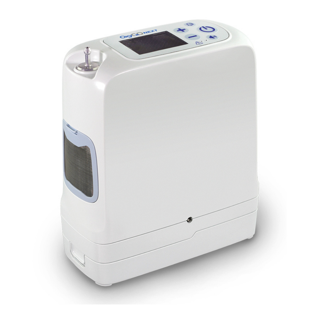 The OxyGo NEXT Ultralite Portable Oxygen Concentrator is a compact, white device with a digital display, control buttons, and a top-mounted oxygen output nozzle.